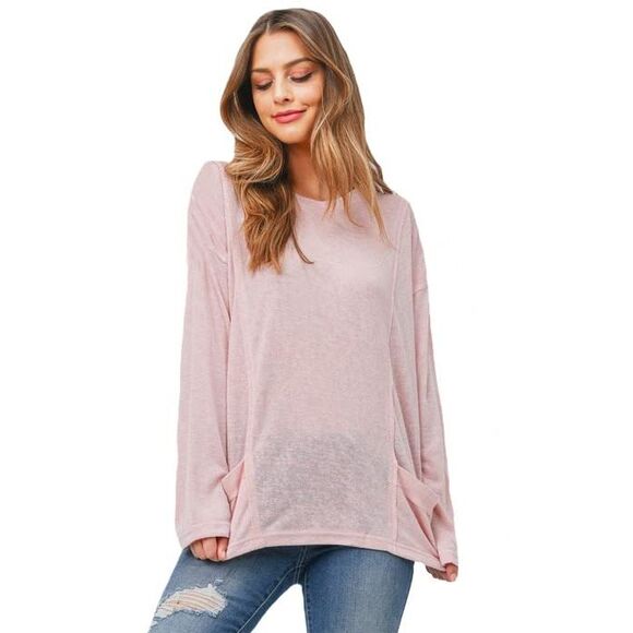 Womens Blush Long Sleeve Drop Shoulder Knit Top With Pockets - Picture 2 of 2